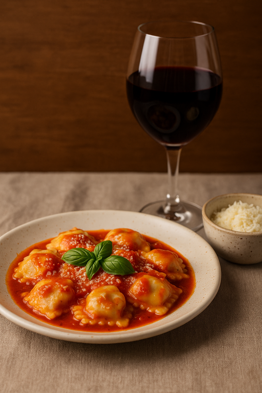 Combo de pastas, salsa, queso y vino